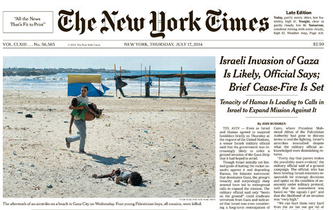 The July 17, 2014 cover of the New York Times. Photo by Tyler Hicks for the New York Times. 